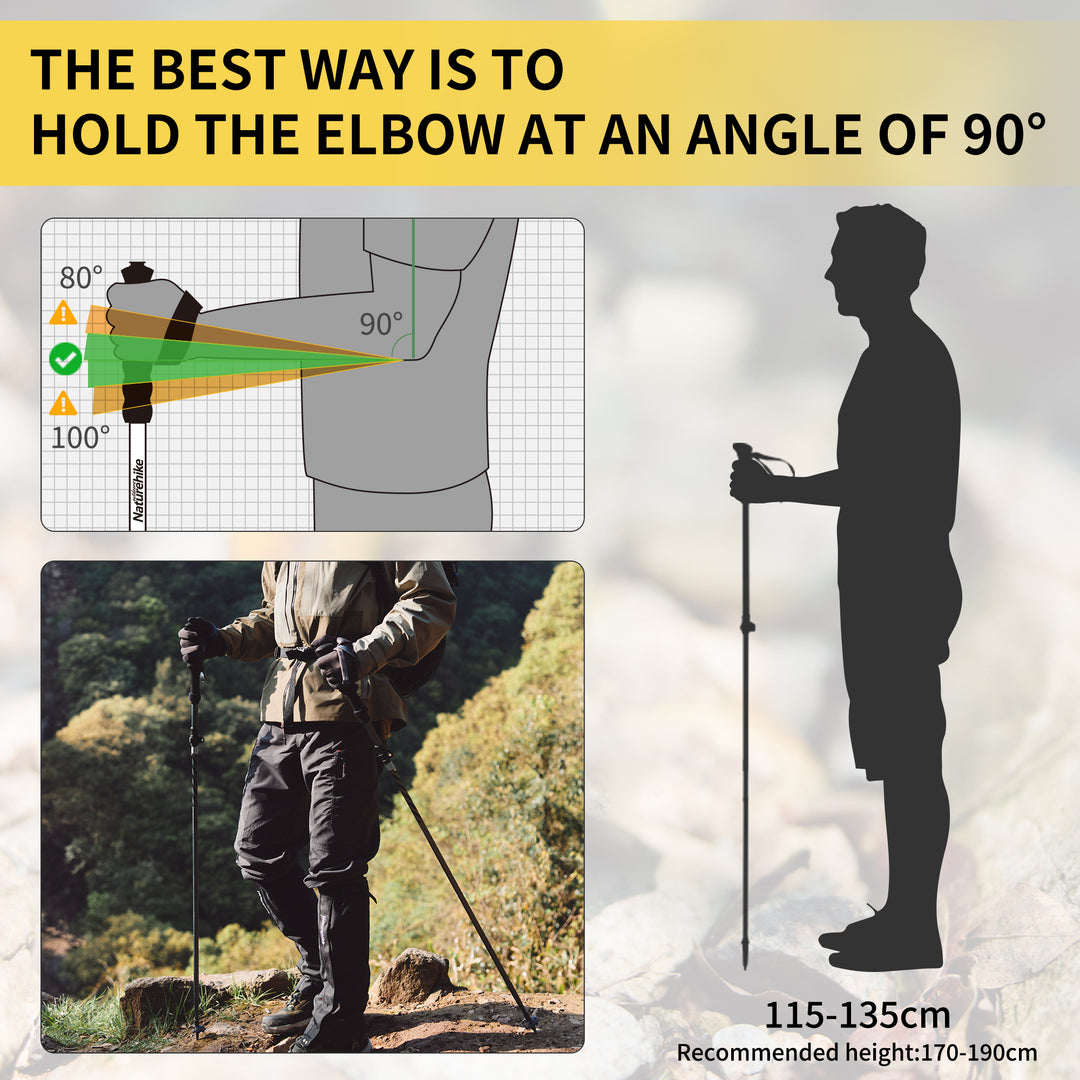 hiker standing with trekking poles at 90-degree elbow angle hiking boot height measurement