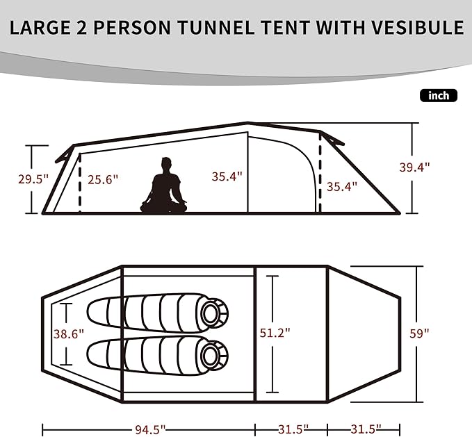 two man tent dimensions Opalus 2-Person 4-Season Tunnel Backpacking Tent