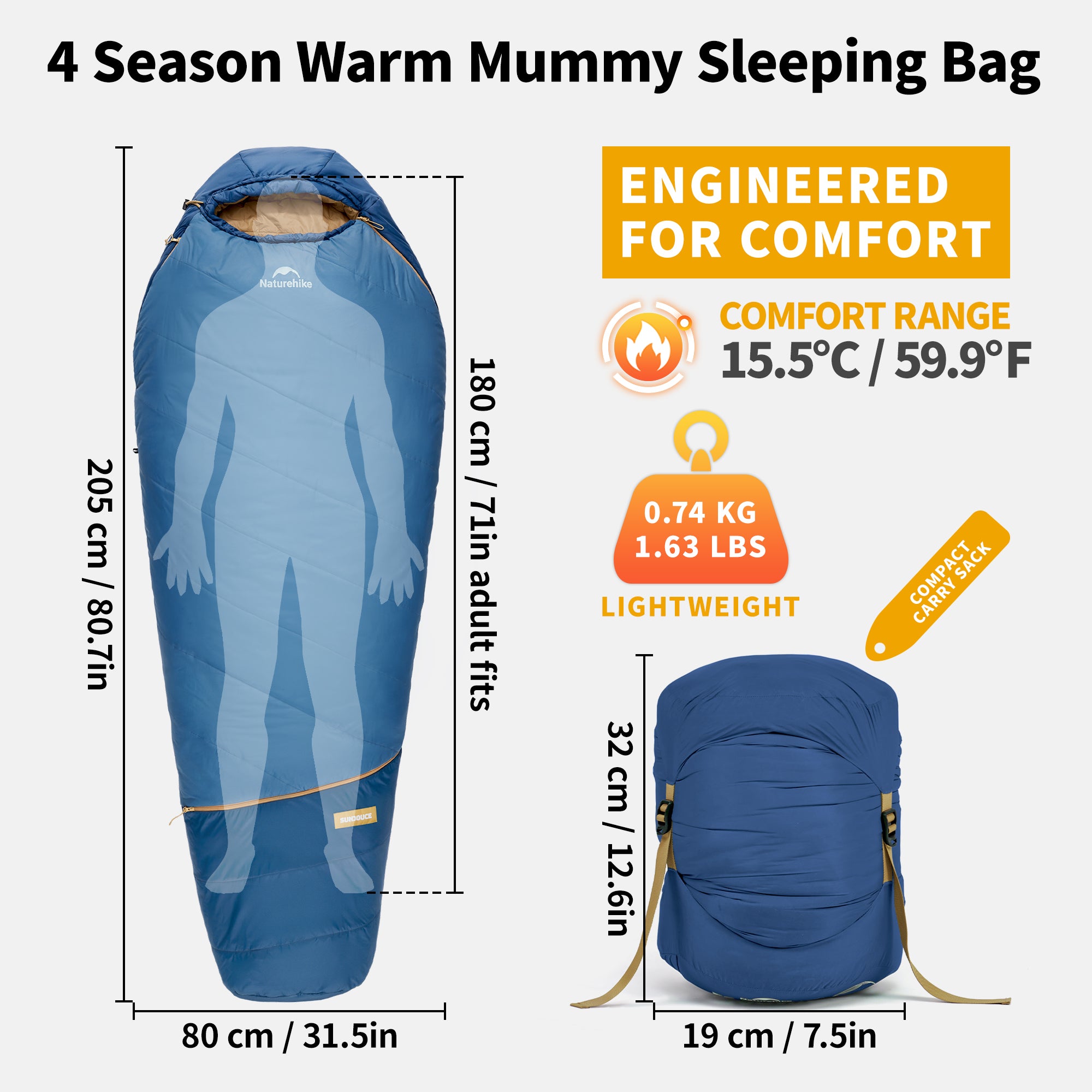 Mujin™ Pro Synthetic Mummy Sleeping Bag 28°F / -2°C | Naturehike