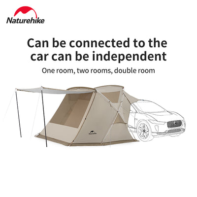 The tent can be connected to a car.