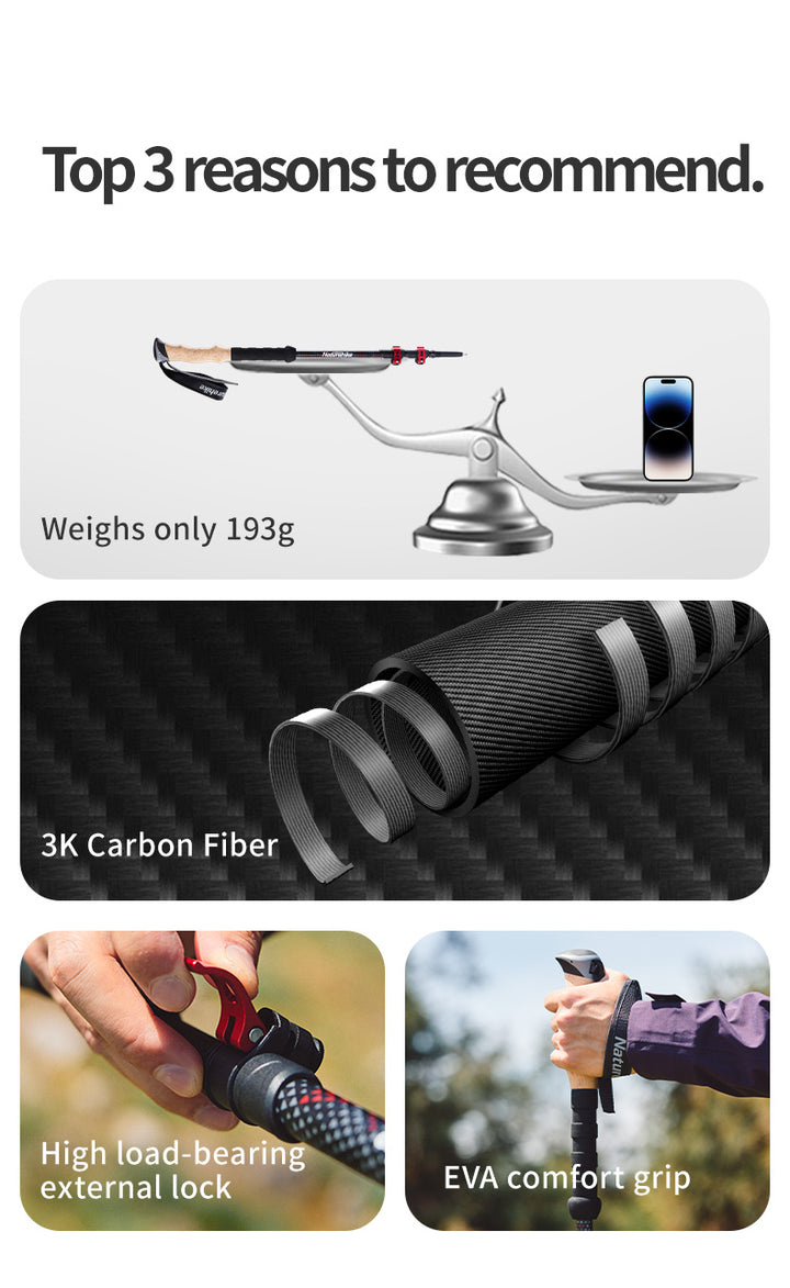 Far Wind™ Three-section Telescopic Carbon Trekking Pole
