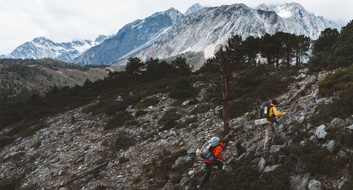 Two hikers with backpacks navigate a rocky, grassy mountain slope with snow-capped peaks in the background.
