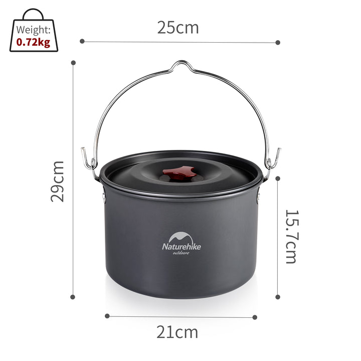 Technical image detailing the dimensions and lightweight profile (only 1.19 lbs) of the 4-6 Persons Aluminum Alloy Hanging Pot, emphasizing its compact size for easy backpacking and travel.