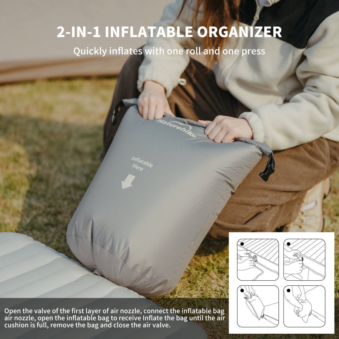 Libamboo Modular Inflatable Pad being inflated using the 2-in-1 inflation and storage bag, allowing quick and easy setup. Lightweight, portable, and ideal for camping, hiking, and outdoor adventures.