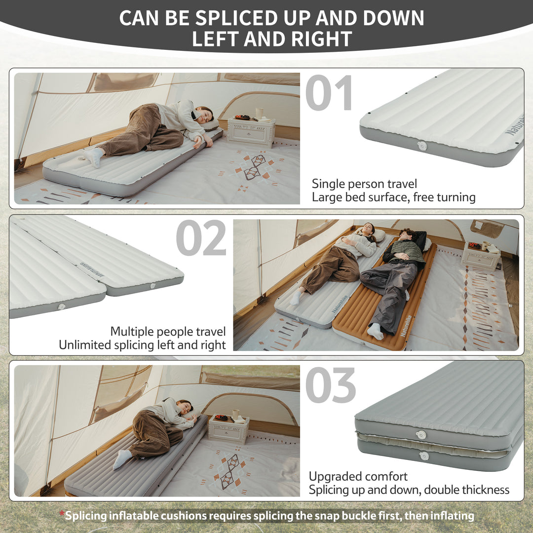 Libamboo Modular Inflatable Pad demonstrating flexible connection options: side-by-side for wider sleeping, stacked for extra thickness, or end-to-end for longer length. Perfect for solo or group outdoor adventures.