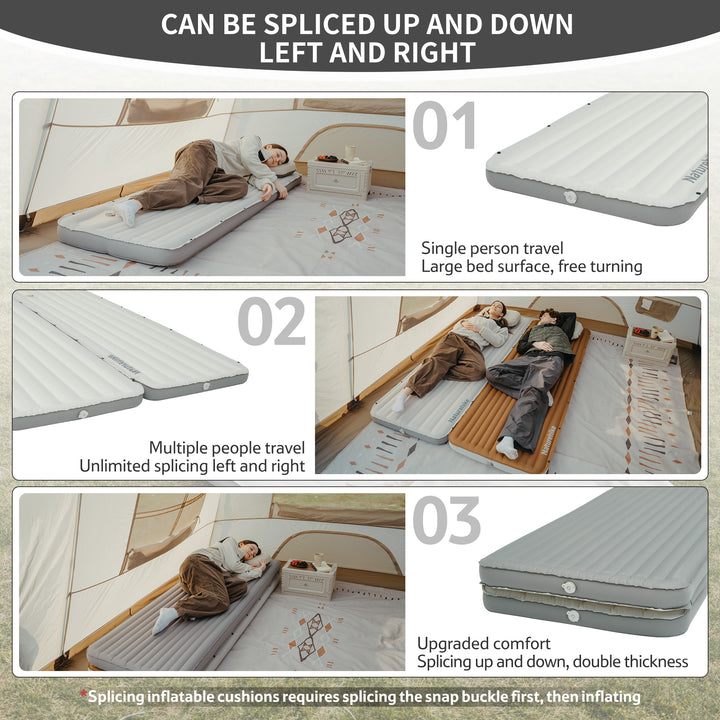 Libamboo Modular Inflatable Pad demonstrating flexible connection options: side-by-side for wider sleeping, stacked for extra thickness, or end-to-end for longer length. Perfect for solo or group outdoor adventures.