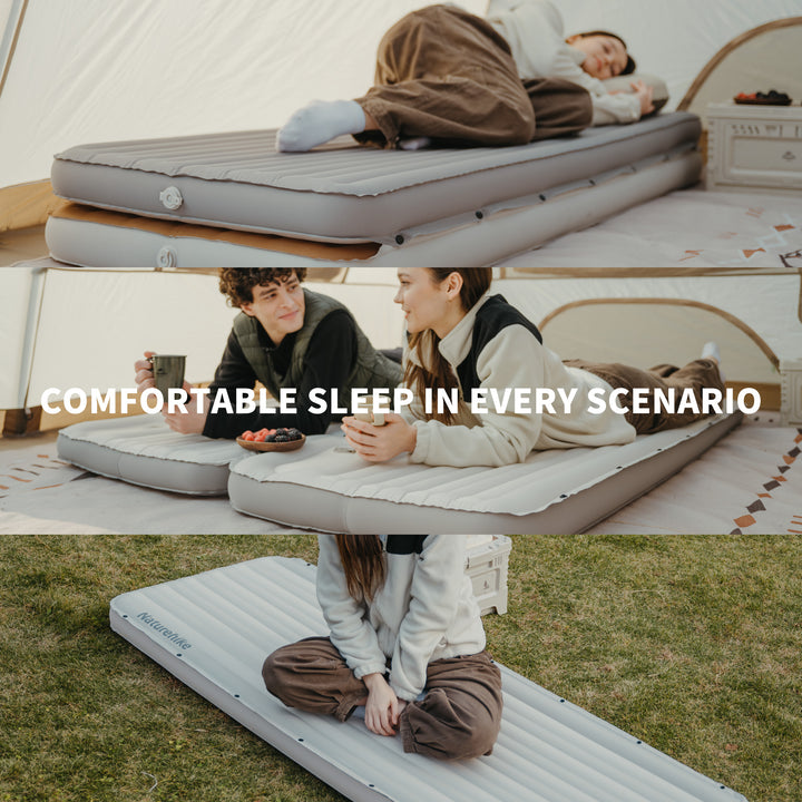 Libamboo Modular Inflatable Pad showing three connection modes: connect side-by-side for extra width, stack vertically for added thickness, or link end-to-end for longer length. Perfect for solo or group camping and outdoor adventures.