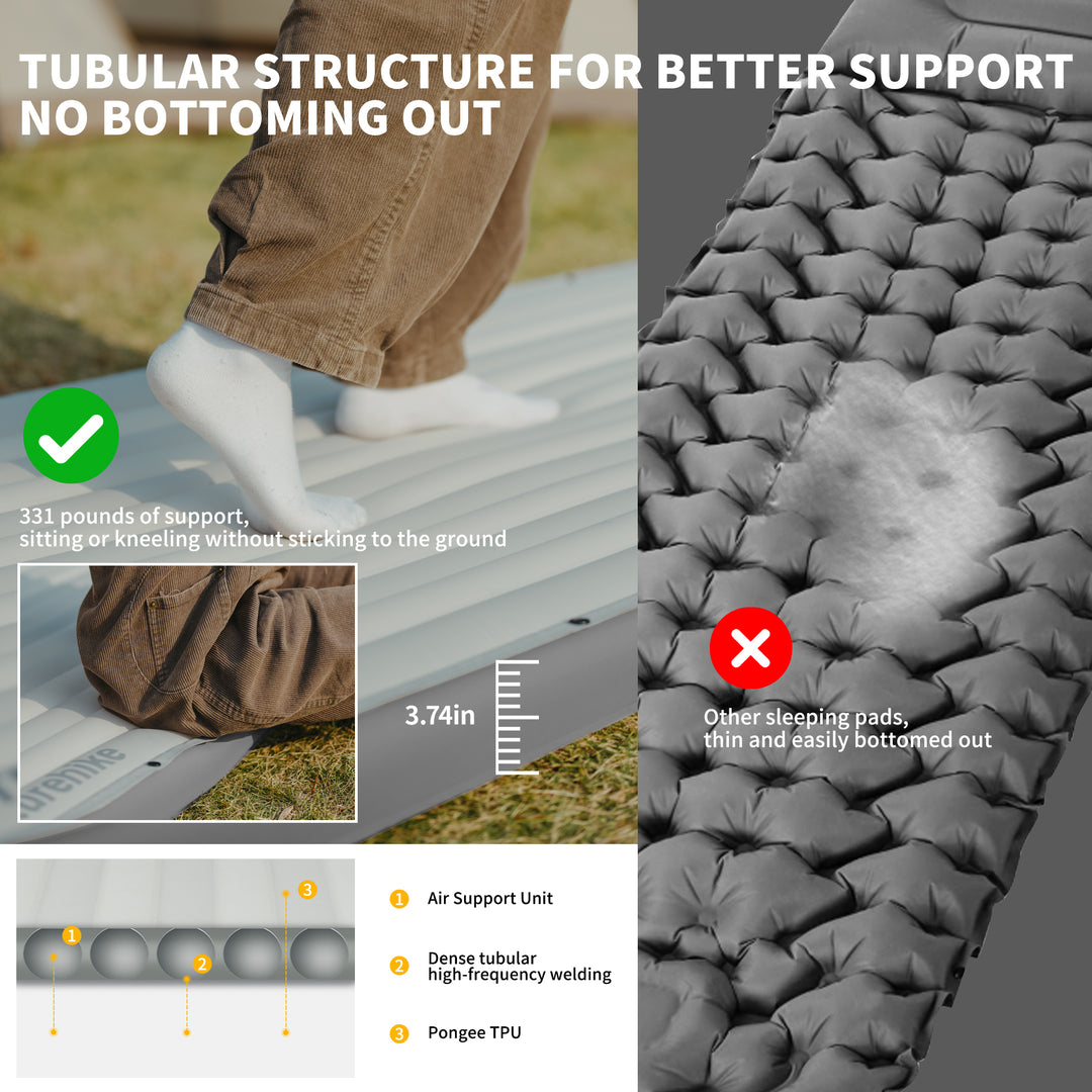 Libamboo Modular Inflatable Pad with tube-shaped structure providing stable body support, allowing you to roll freely without touching the ground, ideal for camping, hiking, and outdoor use.