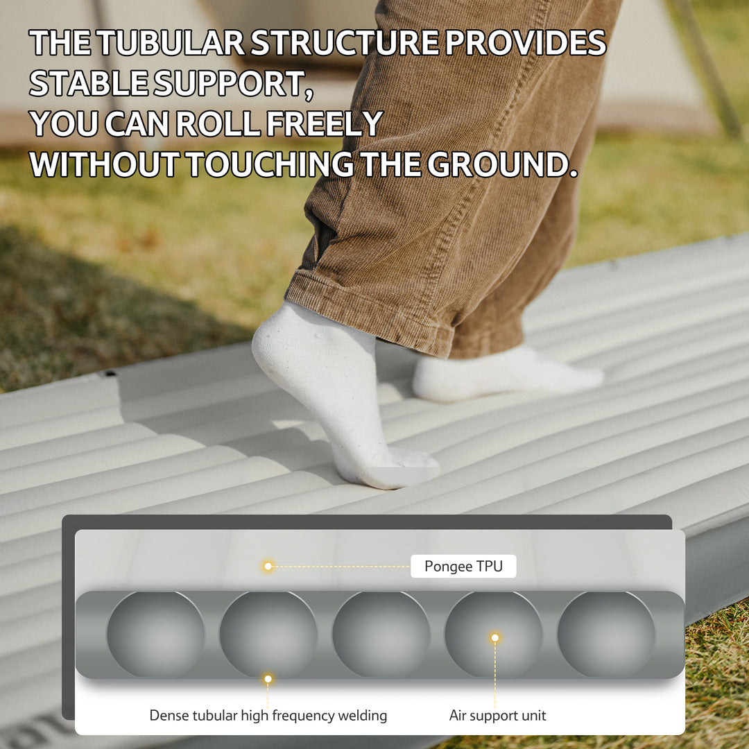 Libamboo Modular Inflatable Pad with tube-shaped structure providing stable support, allowing free rolling without touching the ground. Perfect for camping, hiking, and outdoor adventures.