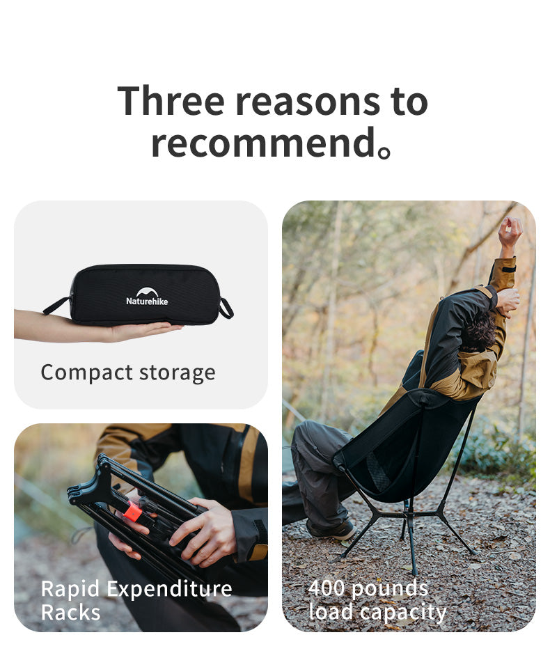 Top features of YL01 camp chair: 2.87 lbs weight, 1-second setup, 441 lbs support, compact fold