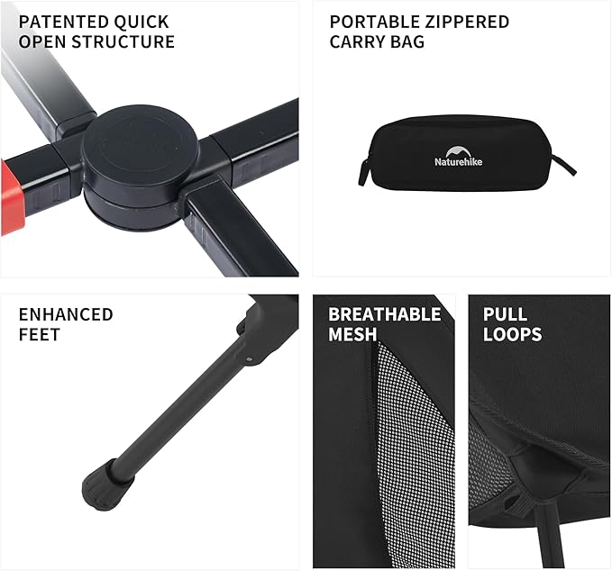 Key features of the Naturehike YL01 Snap Chair highlighted, including 1-second setup, 441 lb capacity, and ultralight design
