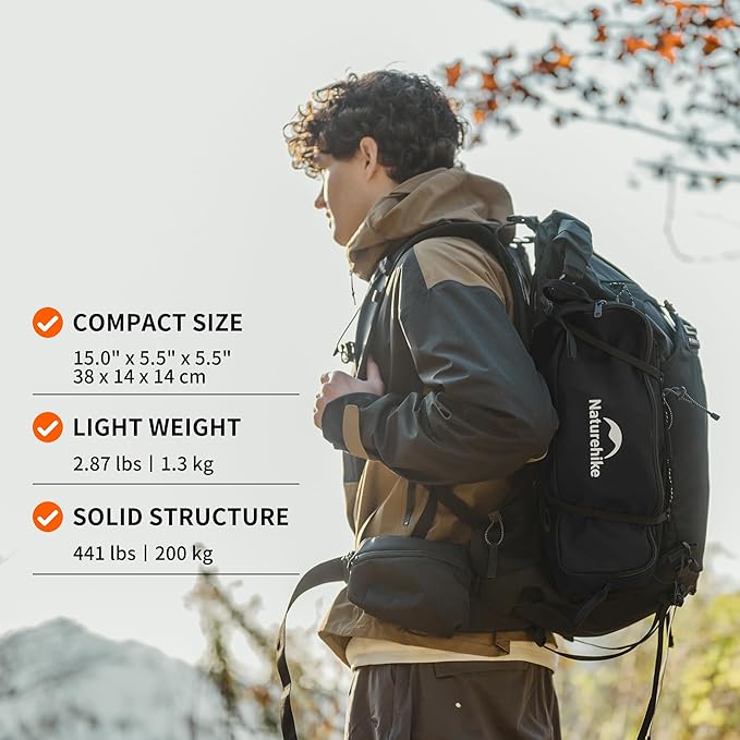 Hiker carrying folded Naturehike YL01 Snap Chair with technical specifications shown beside