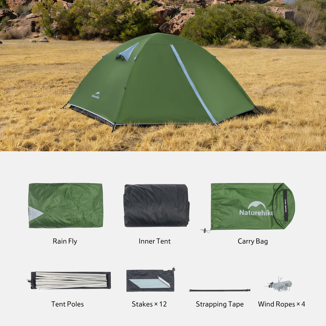 Green Bleik 2-Person Backpacking Tent with complete accessories kit displayed on white background, including tent stakes, guy lines, aluminum poles, storage bag, and repair kit. Lightweight freestanding double wall tent for camping, hiking, backpacking, and bikepacking adventures. Durable 210T tear-resistant polyester, PU3000mm+ waterproof, wind-resistant frame, portable and compact for two-person multi-day outdoor trips.