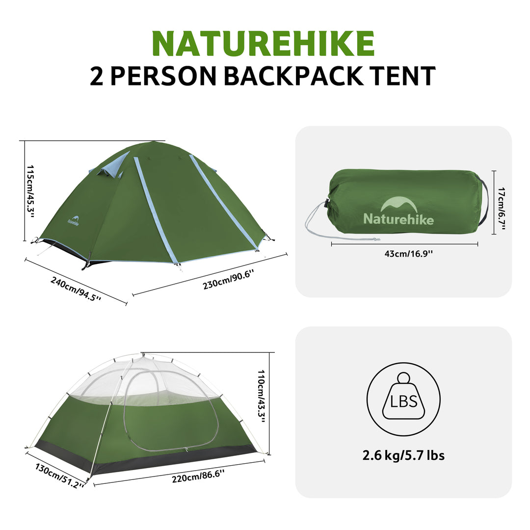 Green Bleik 2-Person Backpacking Tent, B model, showing detailed dimensions, packed size, and weight on white background. Lightweight freestanding double wall tent for camping, hiking, backpacking, and bikepacking adventures. Durable 210T tear-resistant polyester, PU3000mm+ waterproof, wind-resistant frame, compact and portable for two-person multi-day outdoor trips, easy to carry and store.
