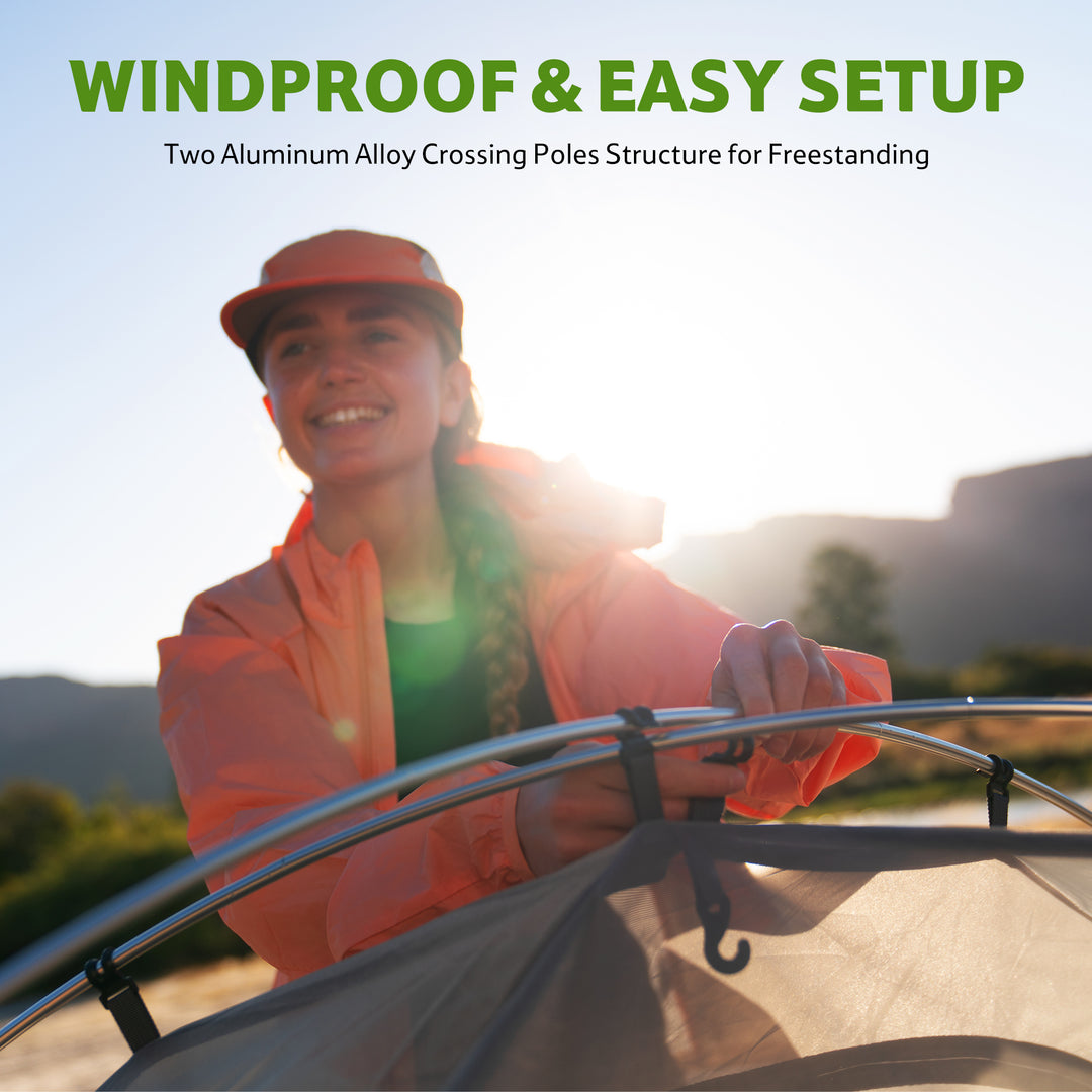 Green Bleik 2-Person Backpacking Tent set up outdoors, demonstrating easy and quick assembly. Freestanding tent with two aluminum alloy crossing poles structure, windproof and stable. Lightweight double wall tent for camping, hiking, backpacking, and bikepacking adventures. Durable 210T tear-resistant polyester, PU3000mm+ waterproof, compact and portable for two-person multi-day outdoor trips.