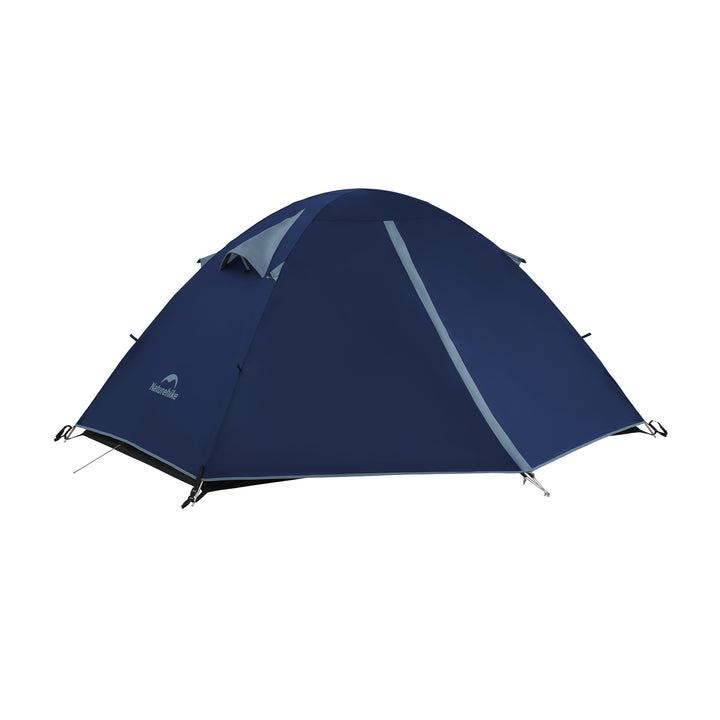 Fully pitched blue Bleik 2-Person Backpacking Tent, A model, on white background. Lightweight freestanding double wall tent for camping, hiking, backpacking, and bikepacking adventures. Durable 210T tear-resistant polyester, PU3000mm+ waterproof, wind-resistant frame, compact and portable two-person shelter for multi-day outdoor trips.