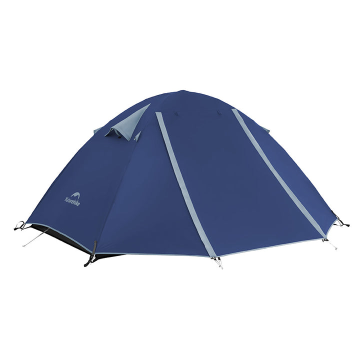 Naturehike Bleik 2-Person backpacking tent fully pitched in blue color on white background, Type B double wall freestanding 3 season waterproof camping tent with expandable awning, PU3000mm rain protection, durable 210T polyester fabric, stable crossbar structure, four sided ventilation system, lightweight shelter for two person camping, hiking, bikepacking and all terrain outdoor use