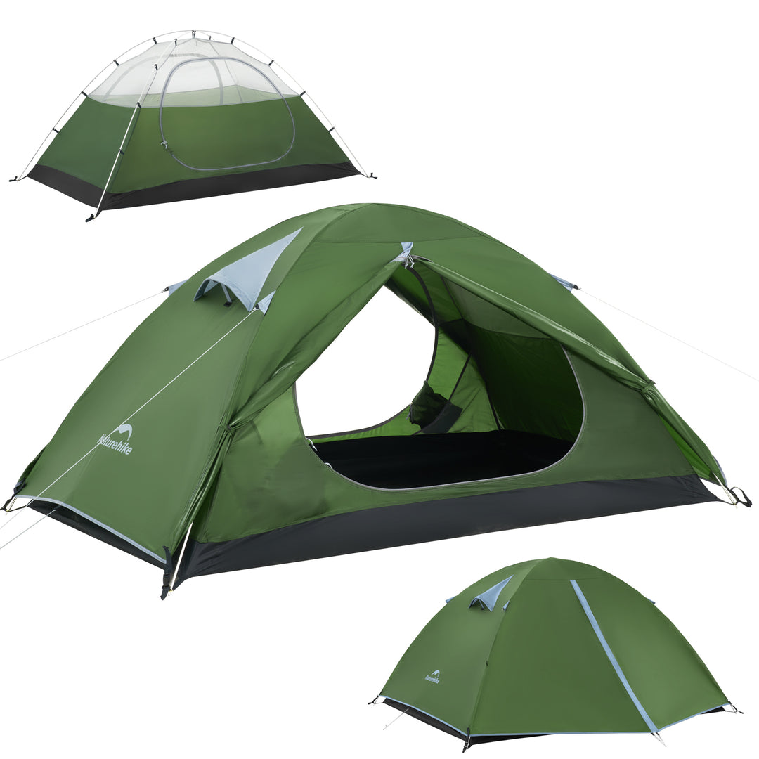 Naturehike Bleik 2-Person Backpacking Tent in green, showing three forms: inner tent only, outer rainfly opened, and fully pitched outer tent on white background. Lightweight freestanding double wall tent for camping, hiking, trekking, backpacking, bikepacking, all-season outdoor adventures, waterproof, durable 210T polyester, wind-resistant frame, portable two-person shelter for multi-day trips.