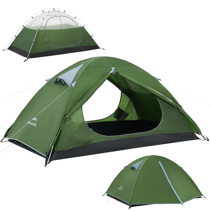 Naturehike Bleik 2-Person Backpacking Tent in green, showing three forms: inner tent only, outer rainfly opened, and fully pitched outer tent on white background. Lightweight freestanding double wall tent for camping, hiking, trekking, backpacking, bikepacking, all-season outdoor adventures, waterproof, durable 210T polyester, wind-resistant frame, portable two-person shelter for multi-day trips.