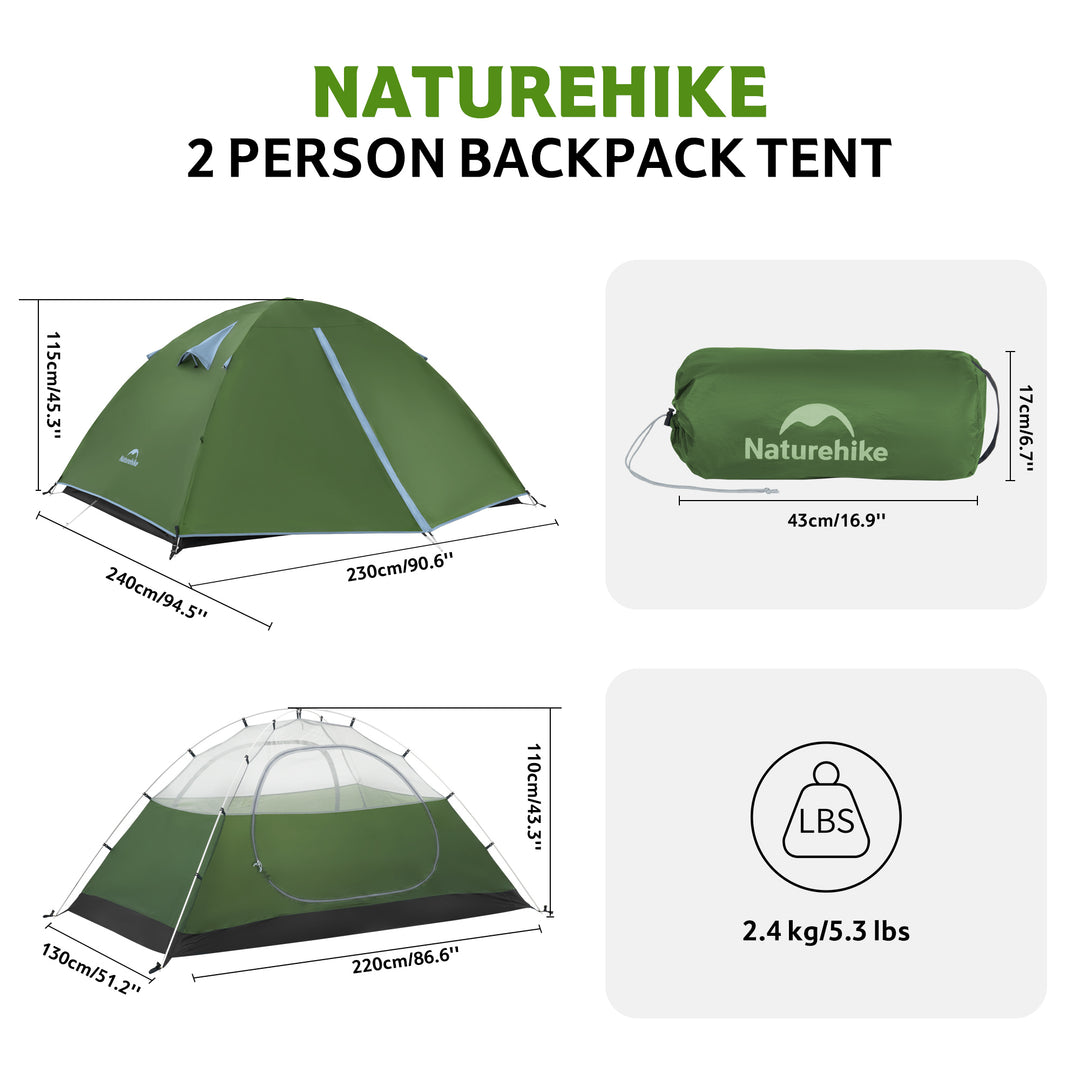 Green Bleik 2-Person Backpacking Tent showing detailed dimensions, weight, and packed storage size on white background. Lightweight freestanding double wall tent for camping, hiking, backpacking, and bikepacking adventures. Durable 210T tear-resistant polyester, PU3000mm+ waterproof, wind-resistant frame, compact and portable for two-person multi-day outdoor trips, easy to carry and store.
