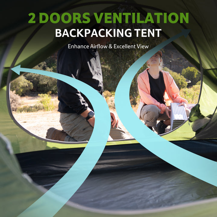 Naturehike Bleik 2-Person Backpacking Tent in green, fully pitched with both doors open, showing excellent ventilation and panoramic view. Freestanding double wall tent for camping, hiking, backpacking, and bikepacking adventures. Lightweight, compact, durable 210T polyester, PU3000mm+ waterproof, wind-resistant frame, two-door design for airflow and scenic viewing, comfortable two-person shelter for multi-day outdoor trips and nature exploration.