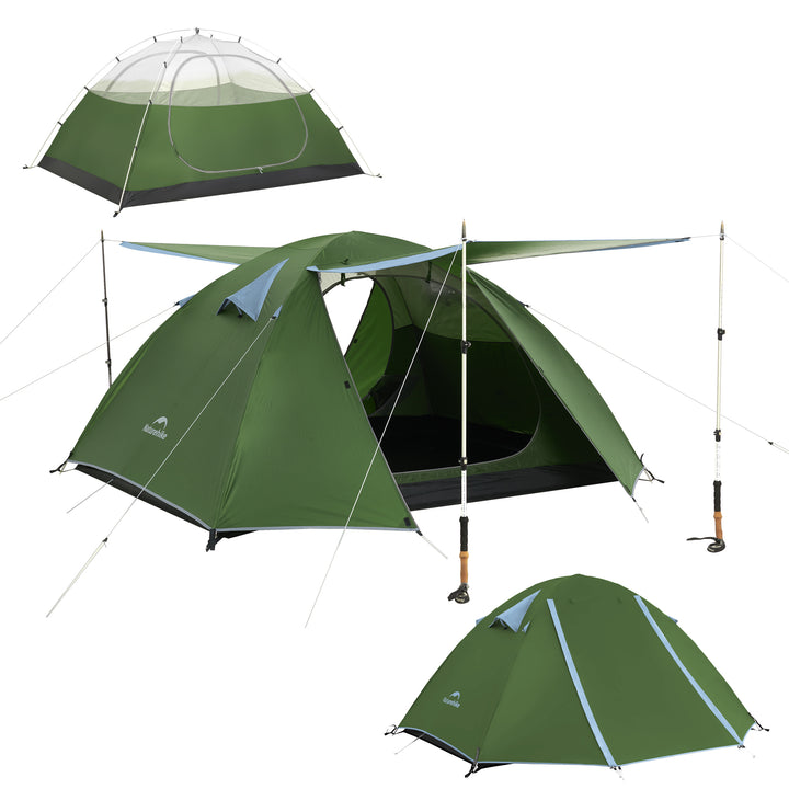 Bleik 3-Person Backpacking Tent Type B in green shown in three setups on white background: fully set up with flysheet and doors propped open for extra shade and rain protection, inner tent only, and both doors opened, highlighting extended outdoor space and versatility for camping, hiking, and backpacking.
