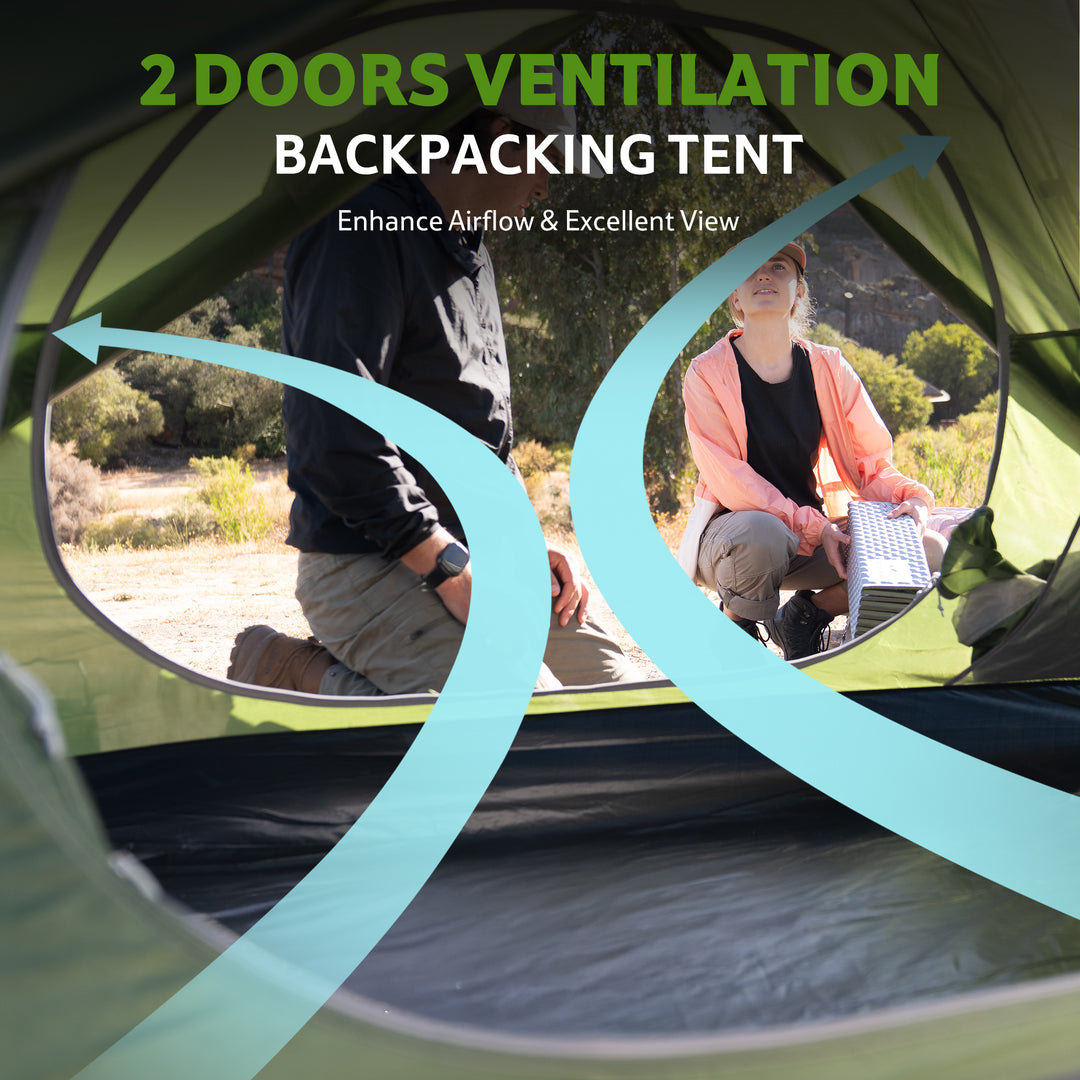 Bleik 3-Person Backpacking Tent in green with both doors fully opened, enhancing airflow and providing an excellent view, designed for improved ventilation and comfort during camping and backpacking.