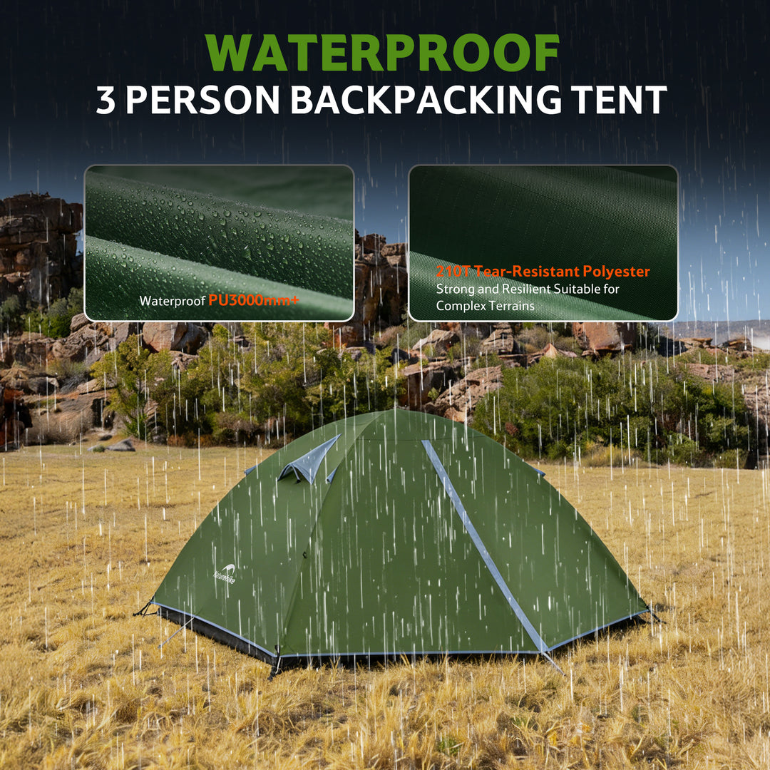 Bleik 3-Person Backpacking Tent in green showcasing strong rain protection with PU3000mm+ waterproof rating and 210T tear-resistant polyester fabric, offering a resilient and durable shelter suitable for complex and challenging terrains.