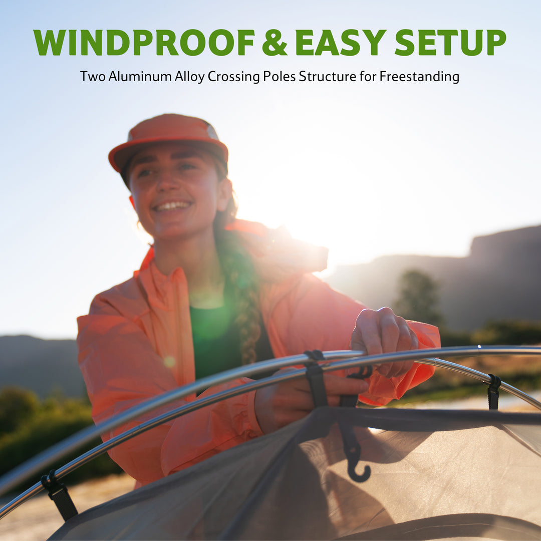 Bleik 3-Person Backpacking Tent in green featuring a windproof and easy setup design with two aluminum alloy crossing poles, forming a stable freestanding structure for reliable performance in outdoor conditions.