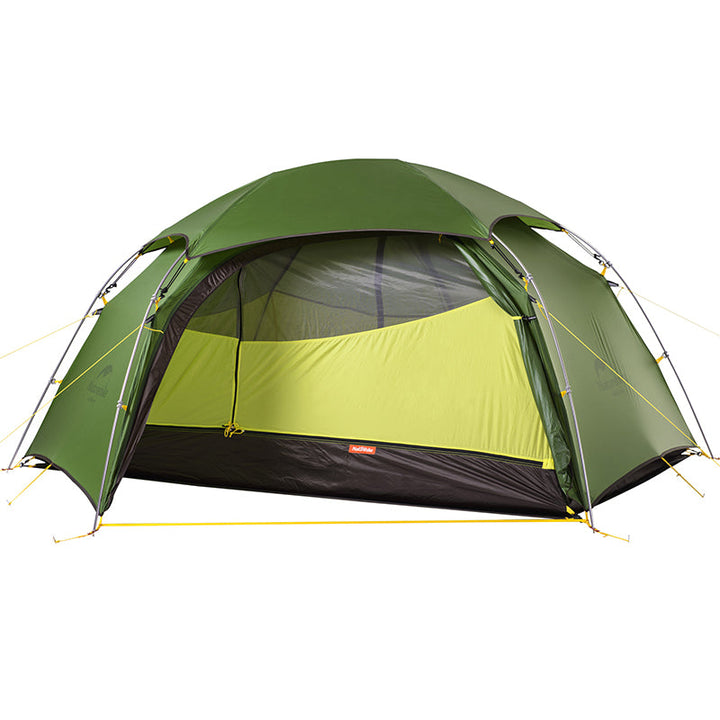 Interior view of Naturehike Cloud Peak 2-Person 4-season backpacking tent, showing spacious inner tent with breathable mesh and room for sleeping mats and gear, isolated on white background.