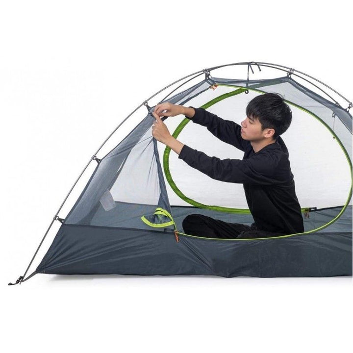 Naturehike Cloud Trek 2 men tent on white background, outer canopy open showing inner tent and setup demonstration, highlighting how to fix and pitch the ultralight backpacking tent, spacious interior for two people, suitable for best lightweight tents, tents in sale, and camping gear on sale.