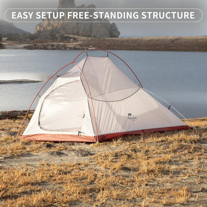 Naturehike Cloud Up 2-Person Ultralight Backpacking Tent showing free-standing structure, easy setup for camping, hiking, backpacking, and outdoor adventures
