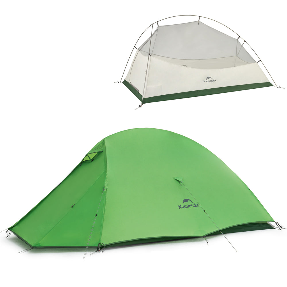 Naturehike Cloud Up Base 2 person backpacking tent in green showing rainfly and white inner tent pitched together on white background, freestanding double layer design with breathable mesh for hiking and camping