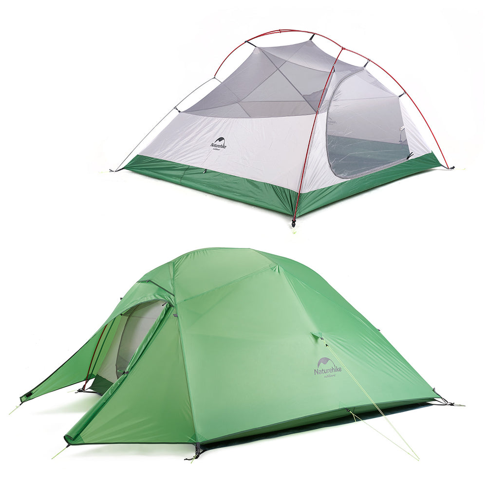 Naturehike Cloud Up Base three person backpacking tent inner tent and rainfly displayed separately on white background, breathable mesh interior and waterproof outer layer for outdoor camping.