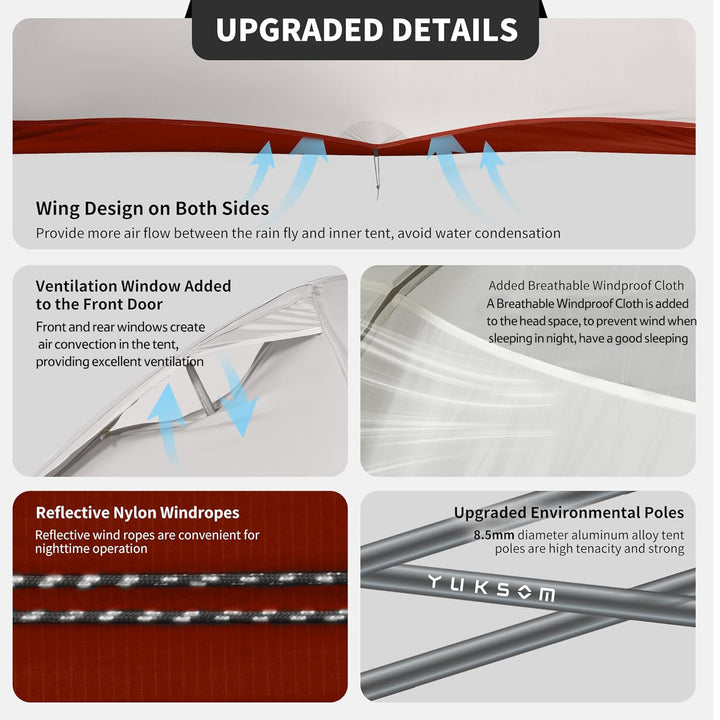 Naturehike Cloud Up Pro 1 Person Ultralight Backpacking Tent upgraded details showing wing design on both sides, front ventilation window, breathable windproof cloth, reflective ropes, and durable aluminum poles for improved stability and airflow.