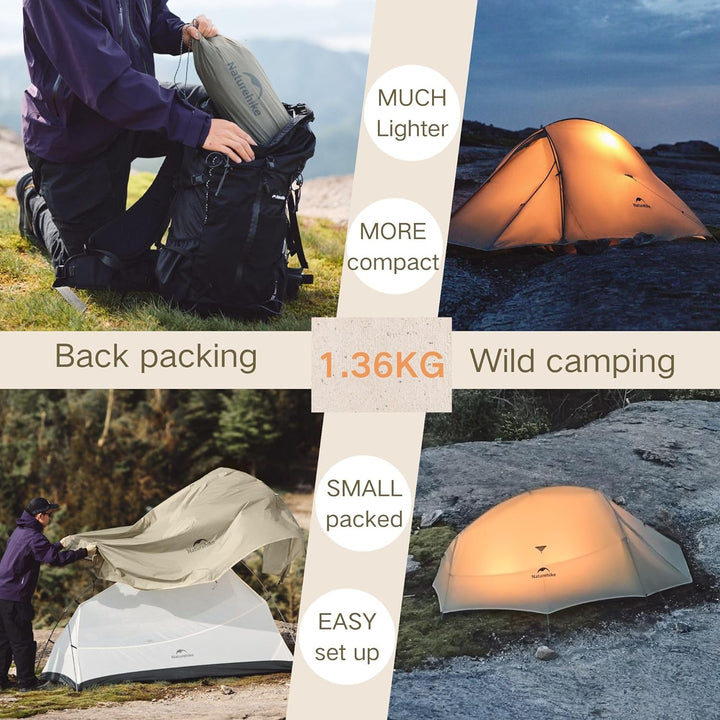 Naturehike Cloud Up Pro 1-Person Ultralight Backpacking Tent is much lighter and more compact, featuring a small packed size and easy setup, making it ideal for outdoor camping, hiking, and backpacking adventures.