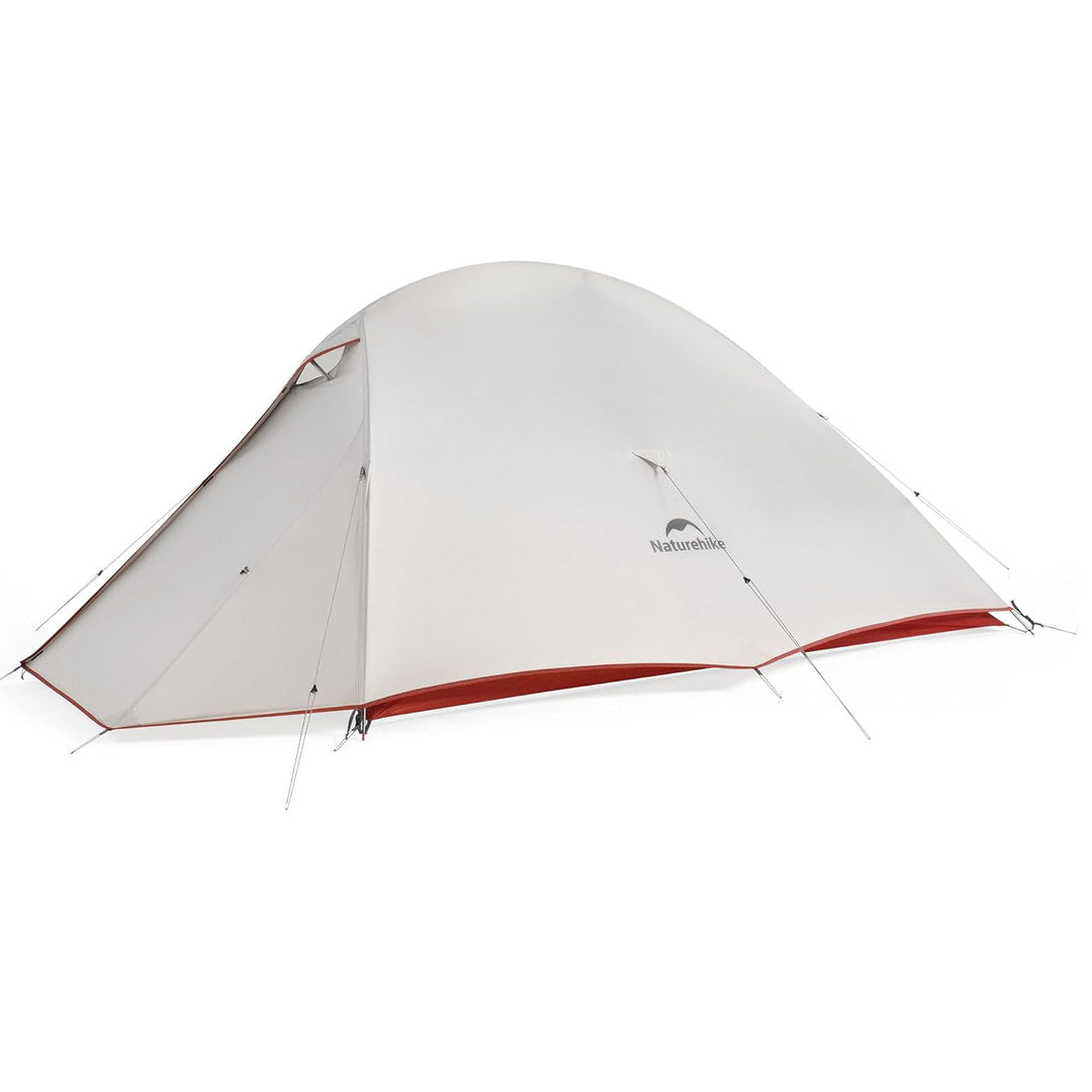 Naturehike Cloud Up Pro 2-Person ultralight backpacking tent in grey and red, waterproof and wind-resistant for camping and hiking.