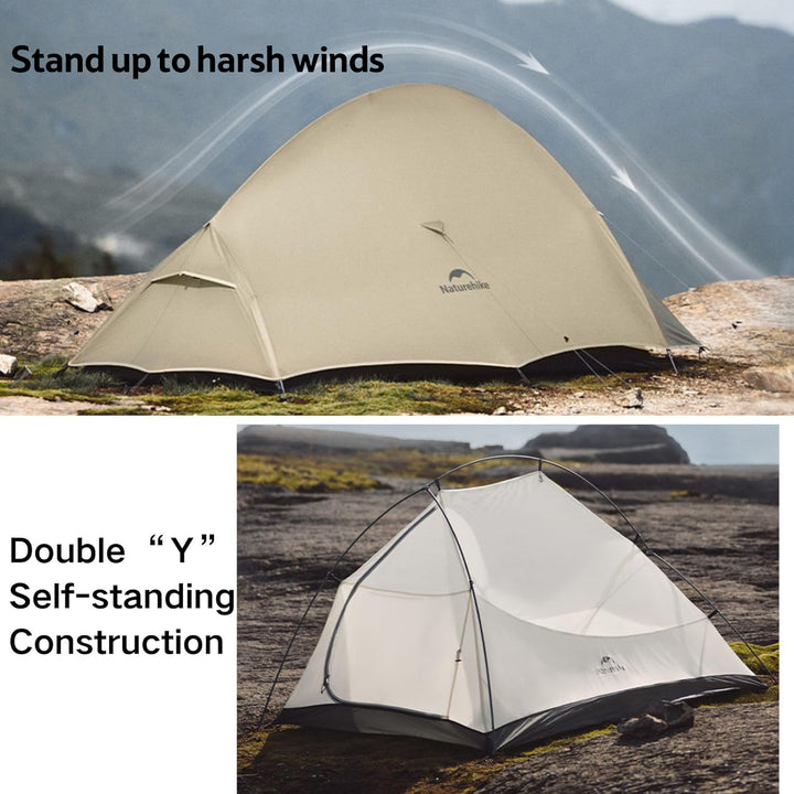 Naturehike Cloud Up Pro 2-Person Ultralight Backpacking Tent features a Double "Y" Structure with Self-Standing Construction, designed to stand up to harsh wind and ensure reliable stability during outdoor camping trips.