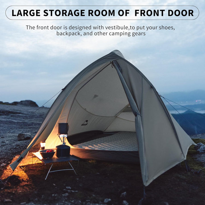 Naturehike Cloud Up Pro 2-Person Ultralight Backpacking Tent offers a spacious interior with plenty of room on either side, allowing you to sit or sleep comfortably and feel a sense of freedom during your outdoor adventures.