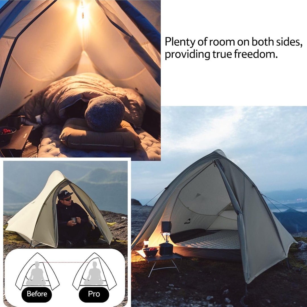 Naturehike Cloud Up Pro 2-Person Ultralight Backpacking Tent provides a roomy interior with ample sleeping space for two, allowing campers to sit or rest comfortably while enjoying freedom and comfort on outdoor trips.