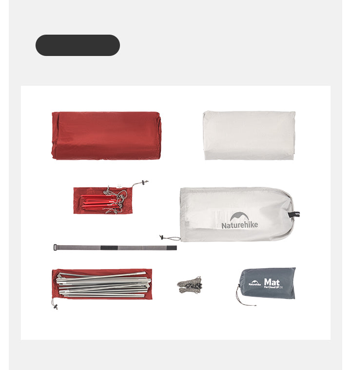 Naturehike Cloud Up Pro 3-Person ultralight backpacking tent with all included accessories displayed on a white background, showing tent poles, stakes, and carry bag for camping and hiking.