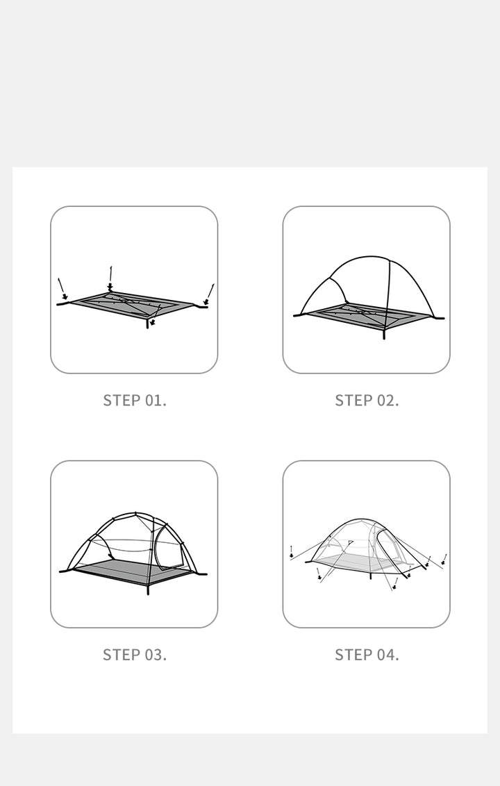 Step-by-step setup instructions for the Naturehike Cloud Up Pro 3-Person ultralight backpacking tent on a white background, showing four easy and quick assembly steps for camping and hiking.