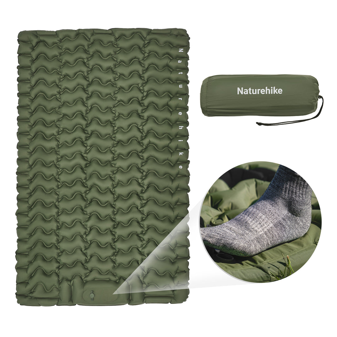 Naturehike FC01 Ultralight Inflatable Pad (Double) in Army Green on white background, ultralight double air mattress with built-in foot pump, perfect for camping, backpacking, and outdoor adventures.