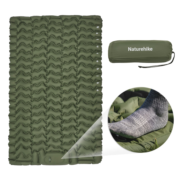 Naturehike FC01 Ultralight Inflatable Pad (Double) in Army Green on white background, ultralight double air mattress with built-in foot pump, perfect for camping, backpacking, and outdoor adventures.