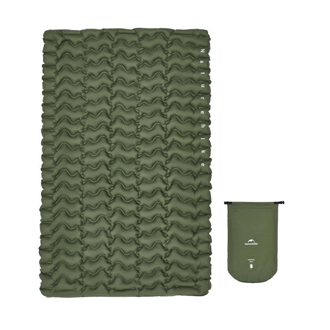 Naturehike FC01 Ultralight Inflatable Pad (Double) in Army Green on white background, includes an inflatable bag instead of foot pump, ultralight and compact for camping, backpacking, and outdoor adventures.