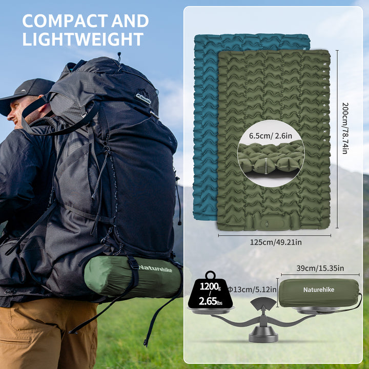 Naturehike FC01 Ultralight Inflatable Pad (Double) shown compact and lightweight, easily folds into a small size for backpacking, camping, and outdoor adventures.