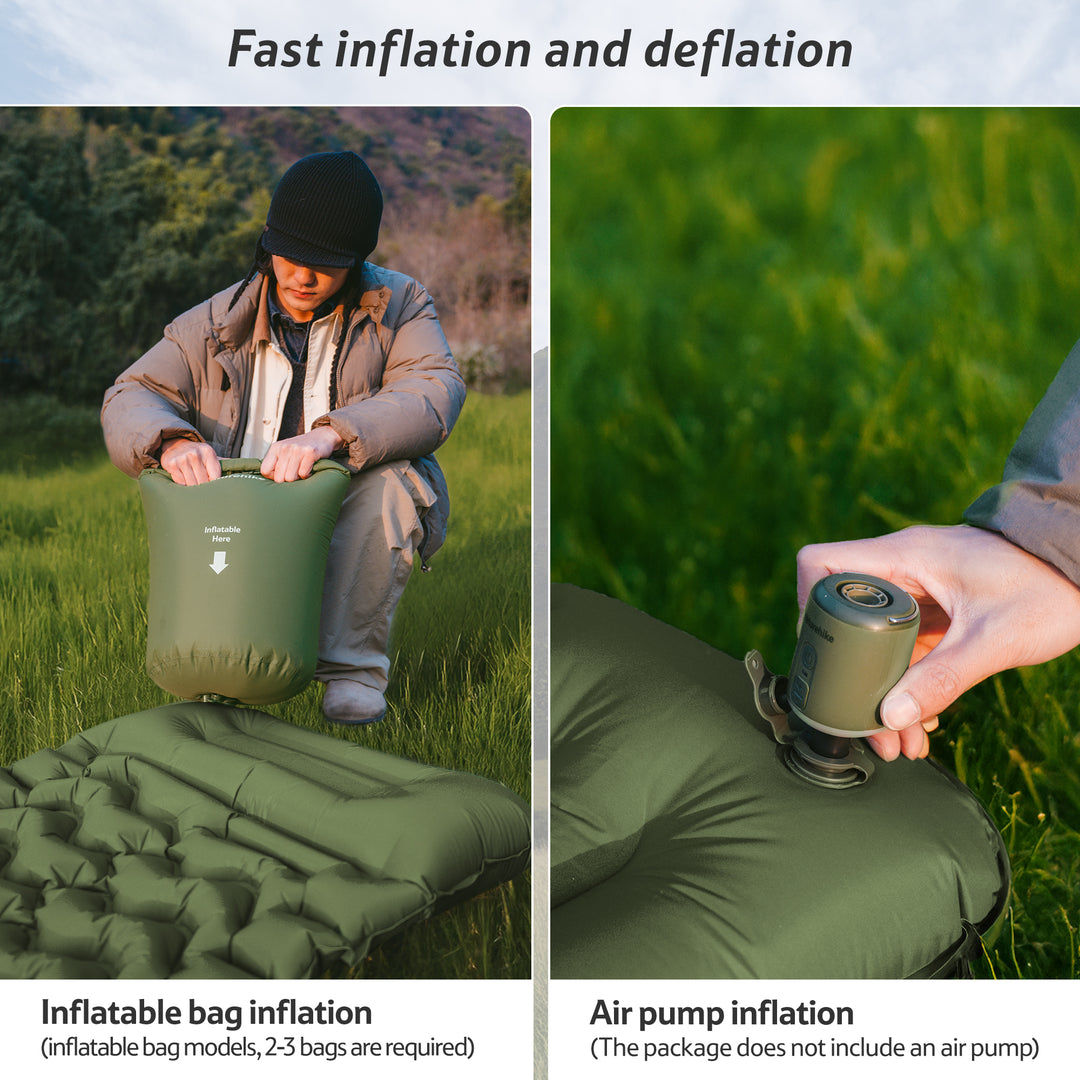 Naturehike FC01 Ultralight Inflatable Pad (Double) showing dual inflation methods with air pump inflation and inflatable bag inflation, quick and easy setup for camping, backpacking, and outdoor adventures.