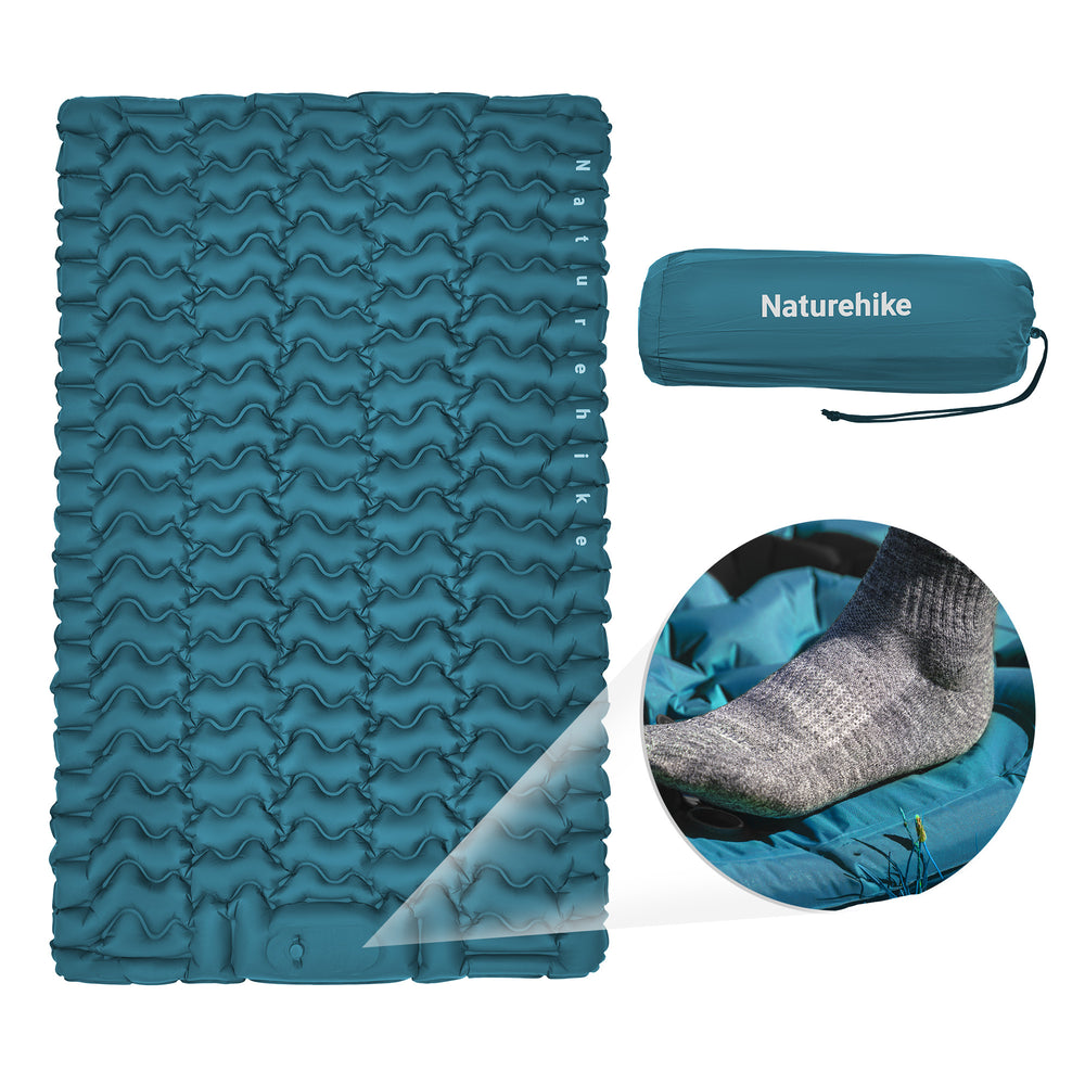Naturehike FC01 Ultralight Inflatable Pad (Double) in Lake Blue on white background, ultralight double air mattress with built-in foot pump, perfect for camping, backpacking, and outdoor adventures.