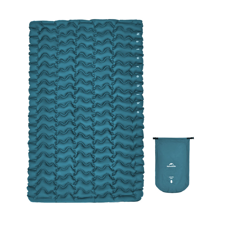 Naturehike FC01 Ultralight Inflatable Pad (Double) in Lake Blue on white background, comes with an inflatable bag instead of foot pump, ultralight and compact for camping, backpacking, and outdoor adventures.
