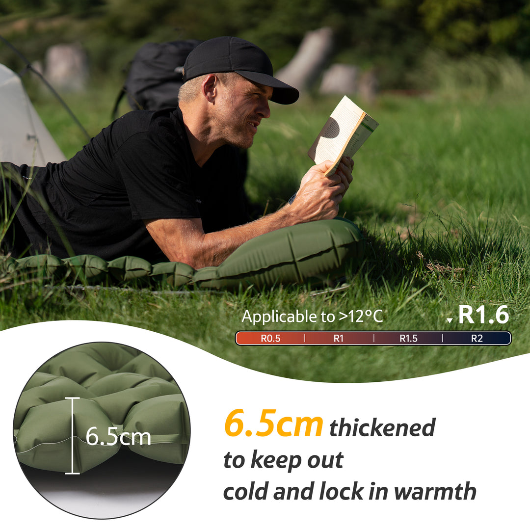Naturehike FC01 Ultralight Inflatable Pad (Double) with 6.5cm thickness and R-value 1.6, providing excellent insulation and warmth for comfortable camping and backpacking.